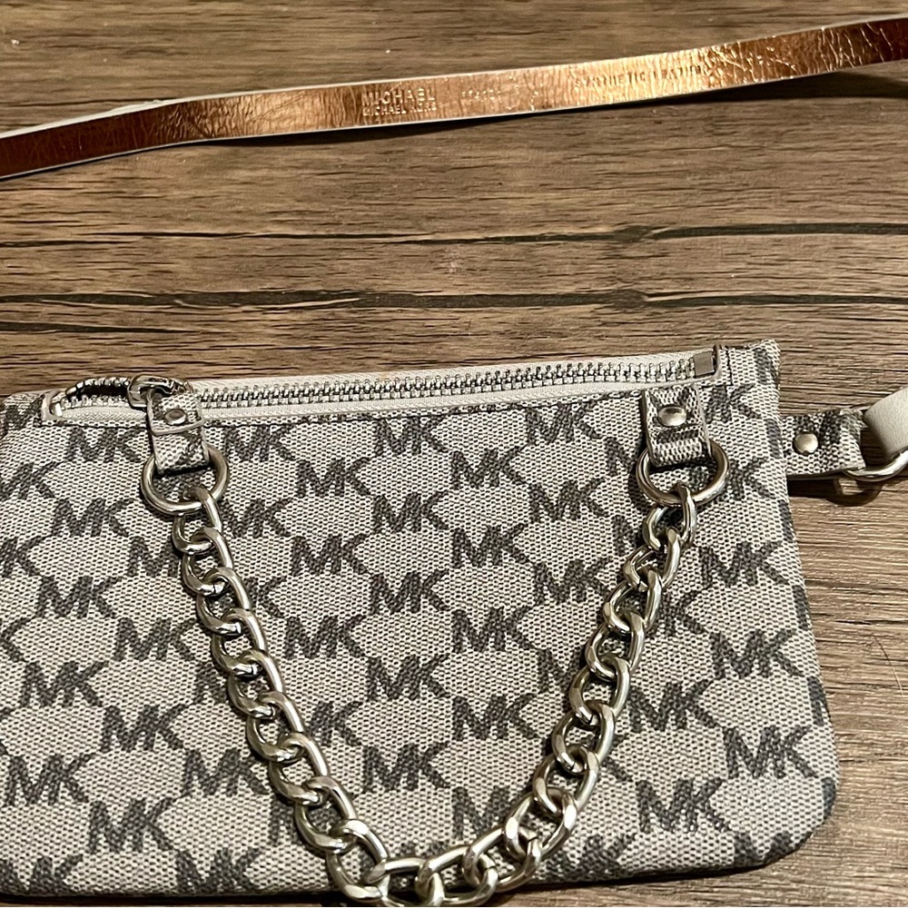 Michael Kors Monogram Wristlet/Belt Bag with Silver Chain